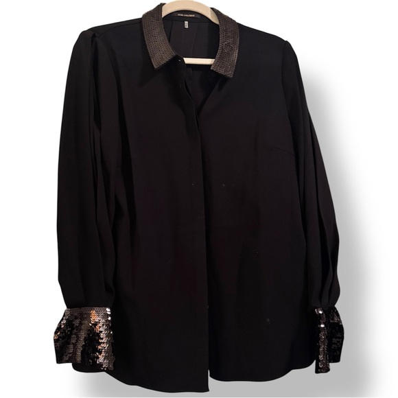 KOBI HALPERIN Linden Black Blouse w Sequin Cuffs & Collar Button Up Shirt - Picture 4 of 8